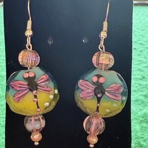 Hand Crafted Dragonfly Earrings with Pink and Yellow